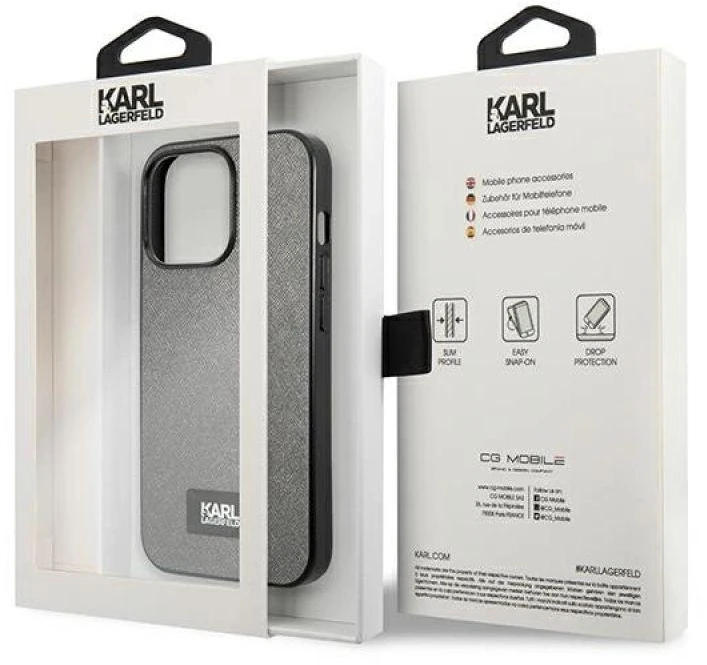 Karl Lagerfeld KLHCP13LSFMP2DG iPhone 13 Pro / 13 6,1″ kietas dėklas sidabrinis Saffiano Plaque