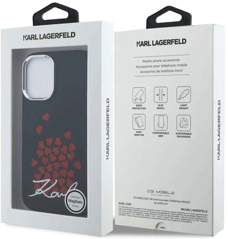 Karl Lagerfeld silikoninis širdelės formos „MagSafe“ dėklas, skirtas iPhone 16 - Juodas