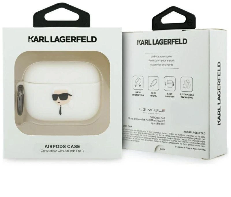 Karl Lagerfeld silikoninis 3D dėklas Karl Head skirtas AirPods Pro 3 - Baltas