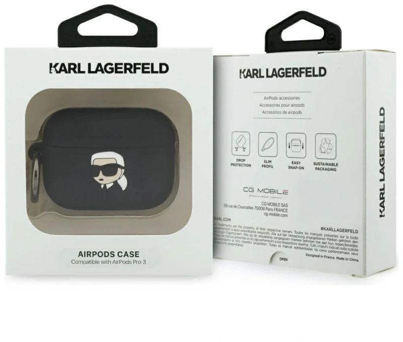 Karl Lagerfeld Silikoninis 3D dėklas su Karl galva AirPods Pro 3 – Juodas
