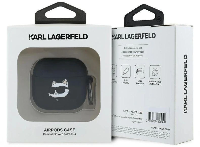 Karl Lagerfeld Silikoninis 3D dėklas su Choupette galva, skirtas AirPods 4 – Juodas