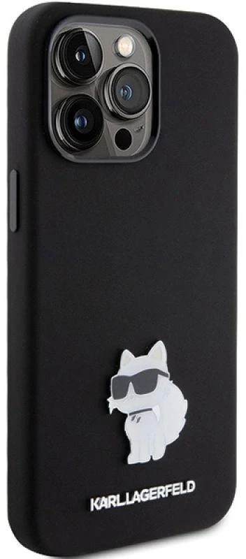 Dėklas Karl Lagerfeld KLHCP15XSMHCNPK Apple iPhone 15 Pro Max 6.7″ juodos spalvos Silicone Choupette Metal Pin