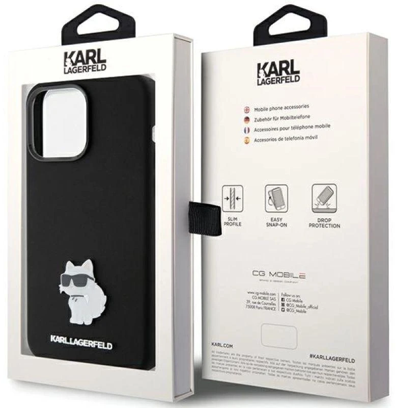 Dėklas Karl Lagerfeld KLHCP15XSMHCNPK Apple iPhone 15 Pro Max 6.7″ juodos spalvos Silicone Choupette Metal Pin