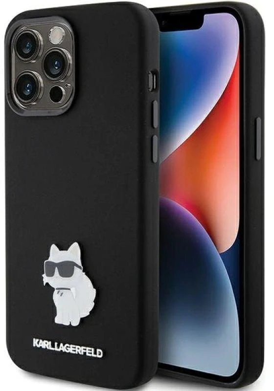 Dėklas Karl Lagerfeld KLHCP15XSMHCNPK Apple iPhone 15 Pro Max 6.7″ juodos spalvos Silicone Choupette Metal Pin