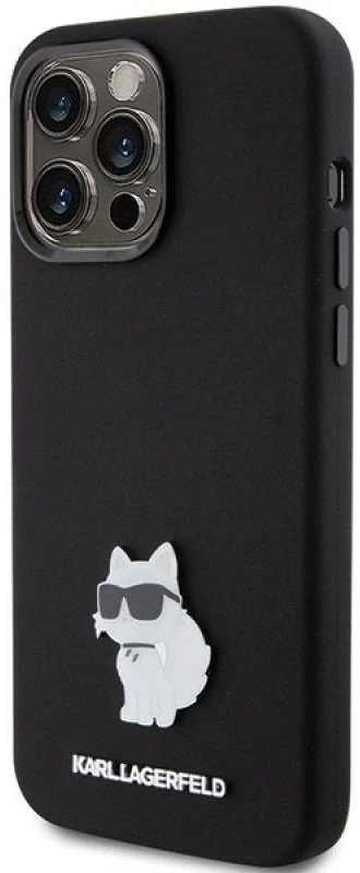 Dėklas Karl Lagerfeld KLHCP15XSMHCNPK Apple iPhone 15 Pro Max 6.7″ juodos spalvos Silicone Choupette Metal Pin