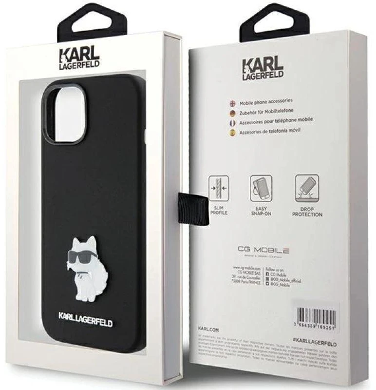 Apple iPhone 15 Plus Karl Lagerfeld silikoninis dėklas Choupette Metal Pin (KLHCP15MSMHCNPK) juodos spalvos