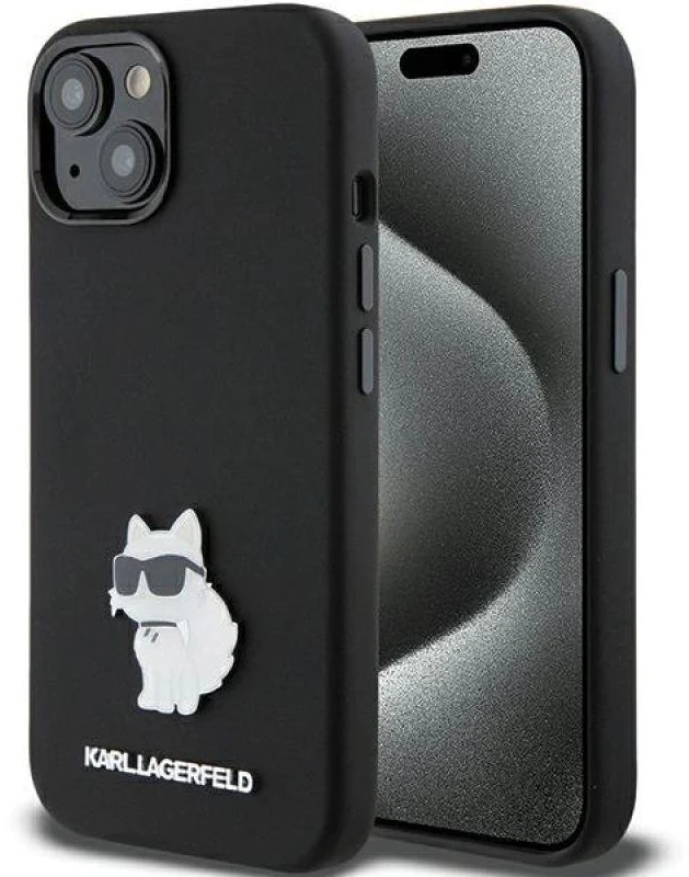 Apple iPhone 15 Plus Karl Lagerfeld silikoninis dėklas Choupette Metal Pin (KLHCP15MSMHCNPK) juodos spalvos
