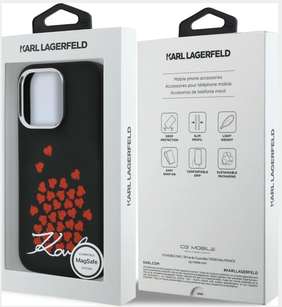 Karl Lagerfeld silikoninis širdelės formos „MagSafe“ dėklas, skirtas iPhone 16 Pro Max - Juodas