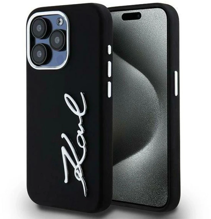 Dėklas Karl Lagerfeld Silicone Metal Script Logo iPhone 15 Pro Max Case - Juodas