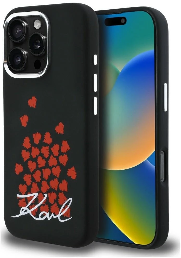 Karl Lagerfeld silikoninis širdelės formos „MagSafe“ dėklas, skirtas iPhone 16 Pro - Juodas