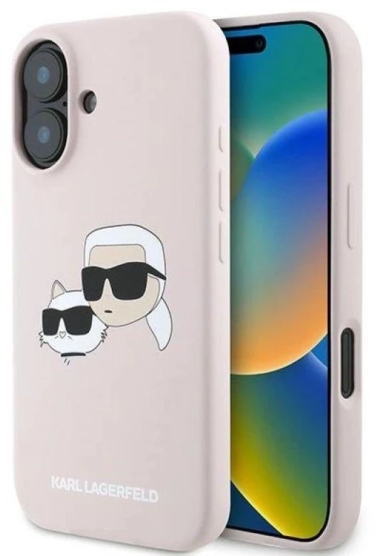 Karl Lagerfeld silikoninis „Nauble Heads“ rašto „MagSafe“ dėklas, skirtas iPhone 16 Plus - Rožinė