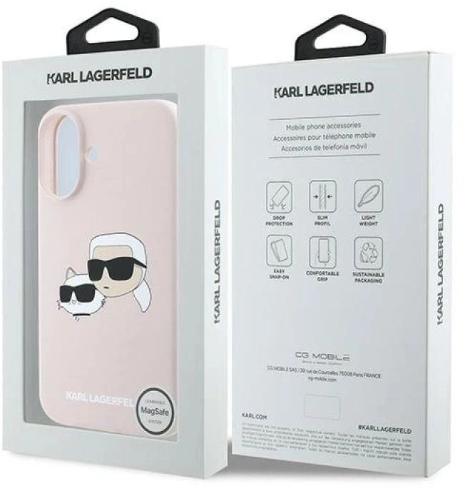 Karl Lagerfeld silikoninis „Nauble Heads“ rašto „MagSafe“ dėklas, skirtas iPhone 16 Plus - Rožinė