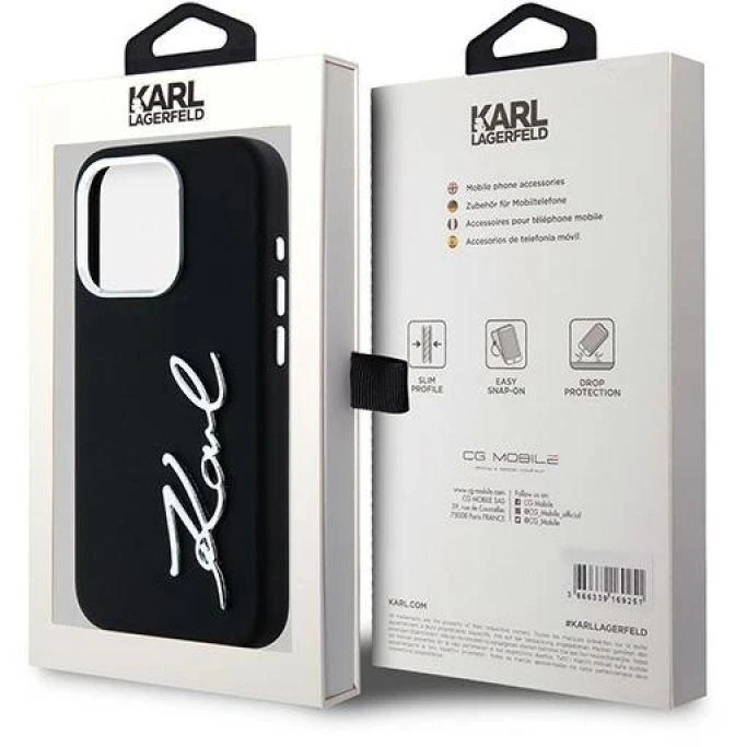 Karl Lagerfeld KLHCP15LSCMSMVK Apple iPhone 15 Pro 6.1″ juodos spalvos kietas dėklas Silicone Metal Script Logo