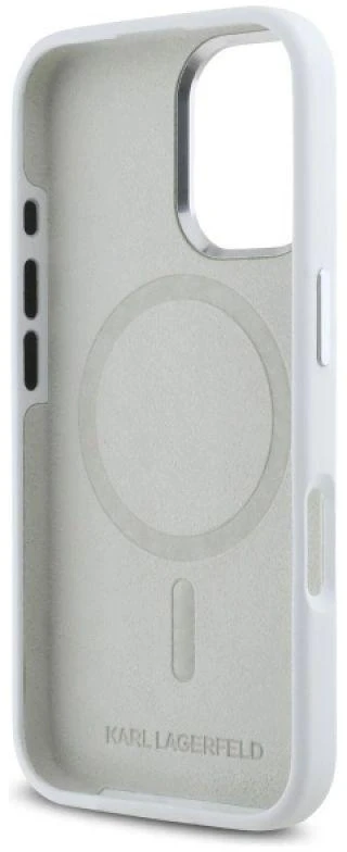 Karl Lagerfeld KLHMP16SSCMKMPCH Apple iPhone 16 6,1″ baltos spalvos kietas dėklas Silicone Initial Metal Logo Ma