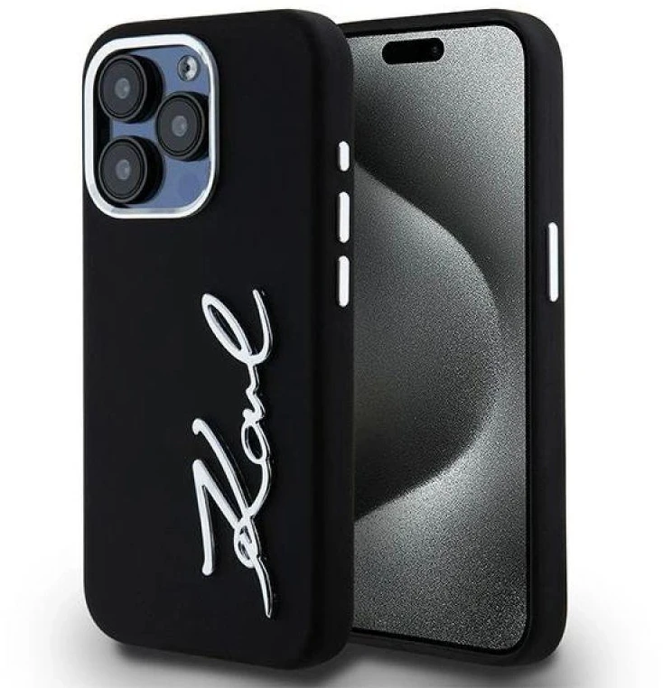 Karl Lagerfeld KLHCP15LSCMSMVK Apple iPhone 15 Pro 6.1″ juodos spalvos kietas dėklas Silicone Metal Script Logo