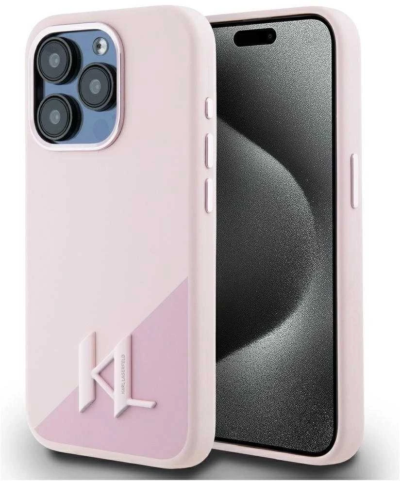 Dėklas Karl Lagerfeld Silicone Shadow Metal Initial MagSafe Apple iPhone 15 Pro rožinės spalvos