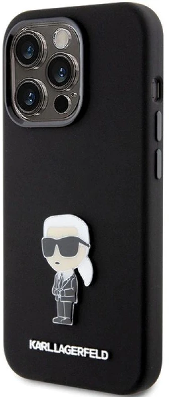 Dėklas Karl Lagerfeld KLHCP15LSMHKNPK Apple iPhone 15 Pro 6.1″ juodos spalvos Silicone Ikonik Metal Pin