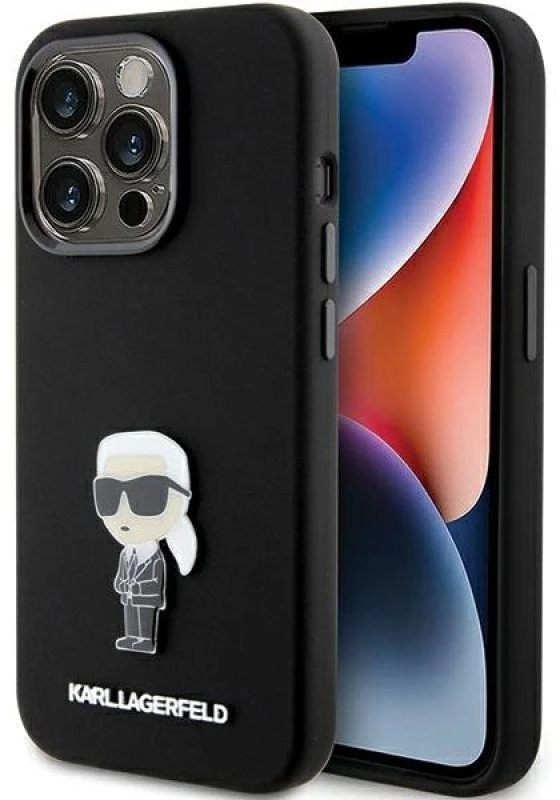 Dėklas Karl Lagerfeld KLHCP15LSMHKNPK Apple iPhone 15 Pro 6.1″ juodos spalvos Silicone Ikonik Metal Pin