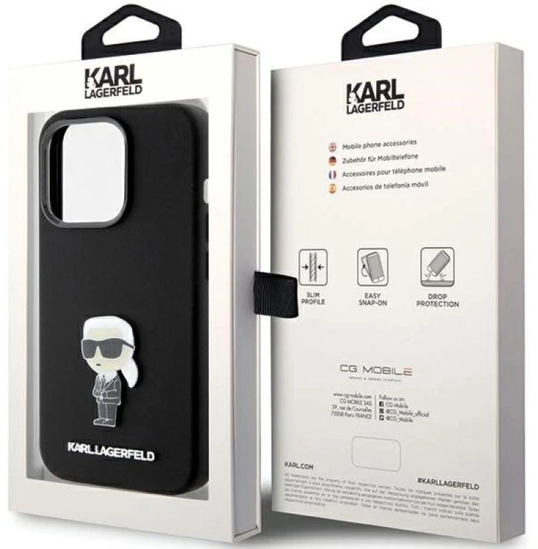 Dėklas Karl Lagerfeld KLHCP15LSMHKNPK Apple iPhone 15 Pro 6.1″ juodos spalvos Silicone Ikonik Metal Pin