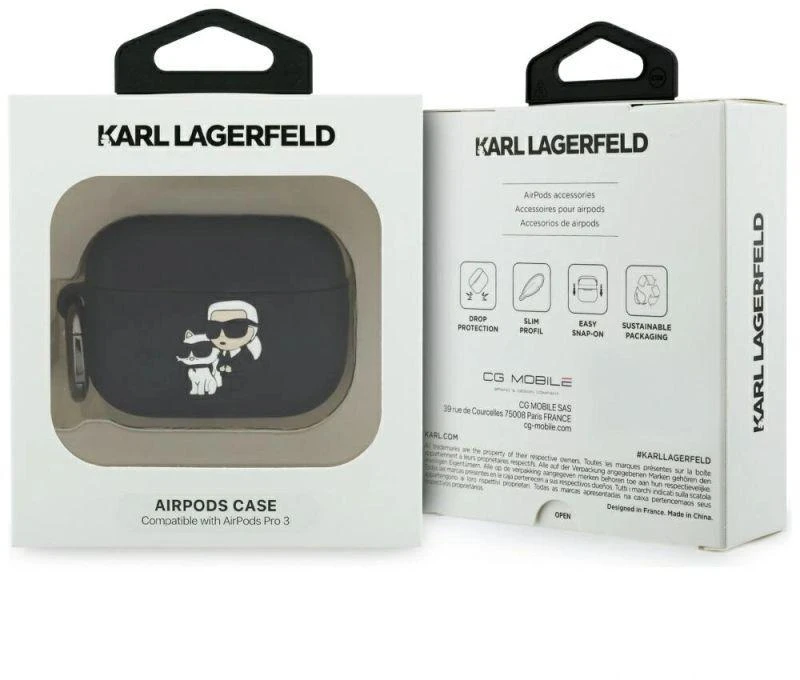 Karl Lagerfeld Silikoninis Karl & Choupette Galvutės 3D dėklas skirtas AirPods Pro 3 - Juodas