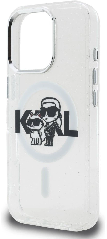 Karl Lagerfeld IML Glitter Karl and Choupette Sketch MagSafe dėklas Apple iPhone 16 Pro skaidrus