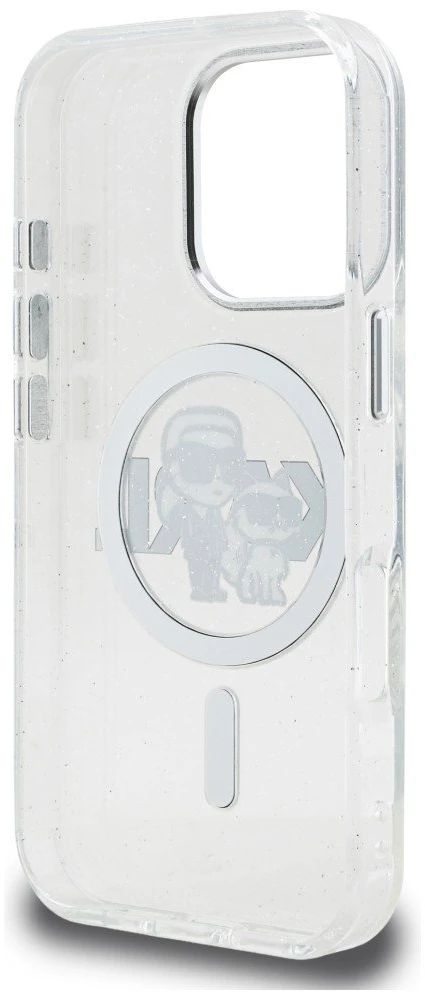 Karl Lagerfeld IML Glitter Karl and Choupette Sketch MagSafe dėklas Apple iPhone 16 Pro skaidrus