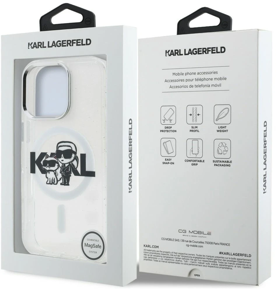 Karl Lagerfeld IML Glitter Karl and Choupette Sketch MagSafe dėklas Apple iPhone 16 Pro skaidrus