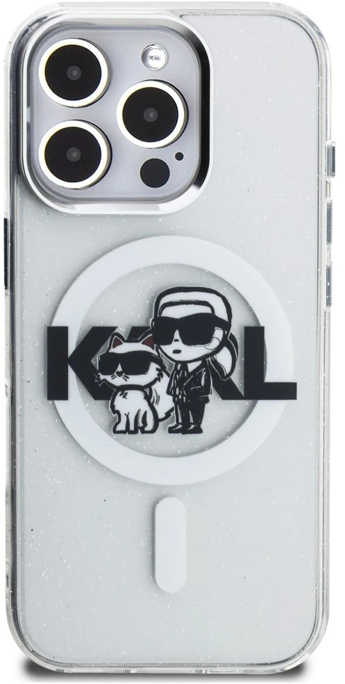 Karl Lagerfeld IML Glitter Karl and Choupette Sketch MagSafe dėklas Apple iPhone 16 Pro skaidrus