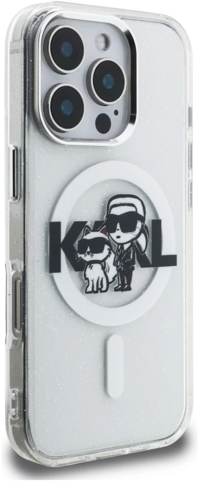 Karl Lagerfeld IML Glitter Karl and Choupette Sketch MagSafe dėklas Apple iPhone 16 Pro skaidrus