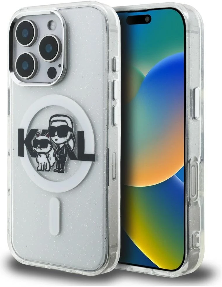 Karl Lagerfeld IML Glitter Karl and Choupette Sketch MagSafe dėklas Apple iPhone 16 Pro skaidrus