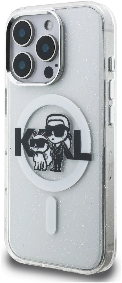 Karl Lagerfeld IML Glitter Karl and Choupette Sketch MagSafe dėklas Apple iPhone 16 Pro skaidrus
