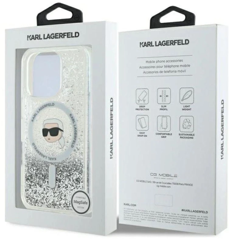 Karl Lagerfeld KLHMP16LLGKISGH Apple iPhone16 Pro 6.3″ kietas dėklas skaidrus Liquid Glitter Karl Head Magsa