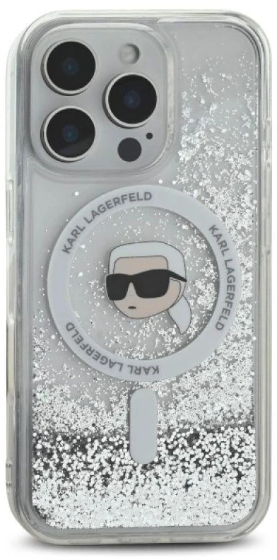 Karl Lagerfeld KLHMP16LLGKISGH Apple iPhone16 Pro 6.3″ kietas dėklas skaidrus Liquid Glitter Karl Head Magsa