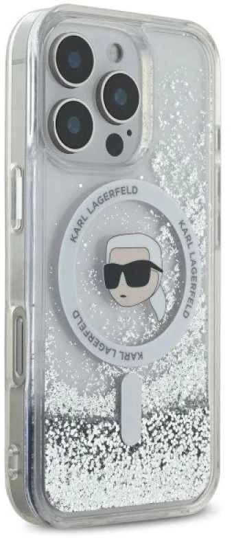 Karl Lagerfeld KLHMP16LLGKISGH Apple iPhone16 Pro 6.3″ kietas dėklas skaidrus Liquid Glitter Karl Head Magsa