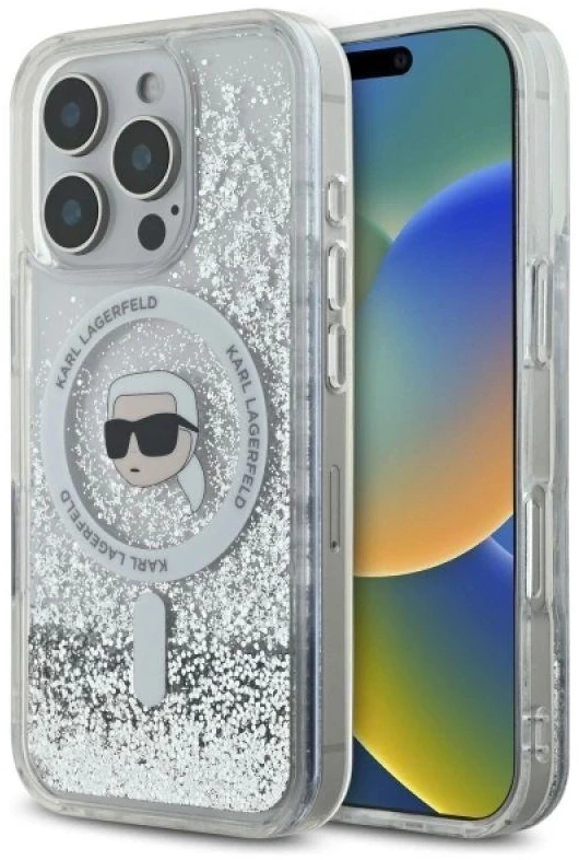 Karl Lagerfeld KLHMP16LLGKISGH Apple iPhone16 Pro 6.3″ kietas dėklas skaidrus Liquid Glitter Karl Head Magsa
