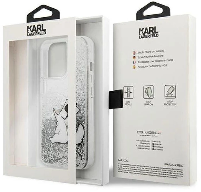 Karl Lagerfeld KLHCP13XGCFS iPhone 13 Pro Max 6,7″ sidabrinis kietas dėklas Liquid Glitter Choupette F