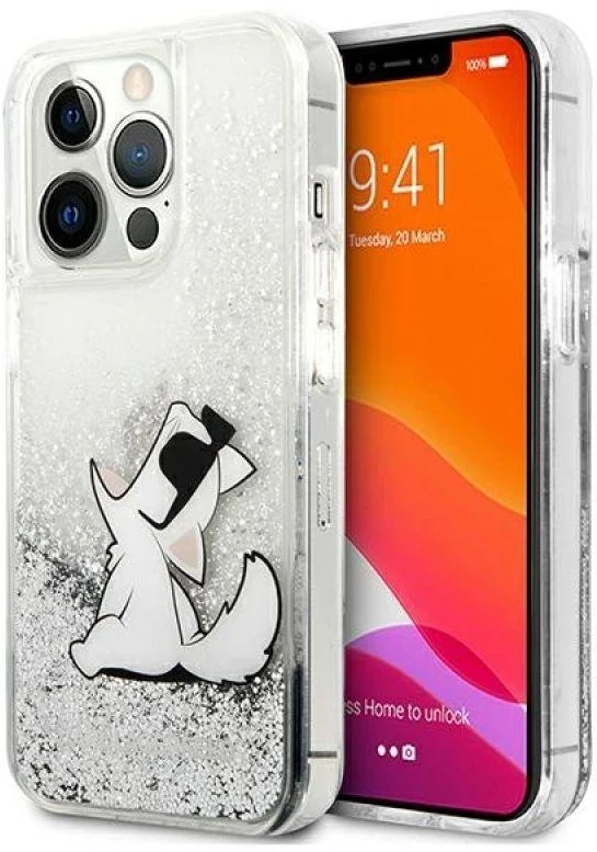 Karl Lagerfeld KLHCP13XGCFS iPhone 13 Pro Max 6,7″ sidabrinis kietas dėklas Liquid Glitter Choupette F