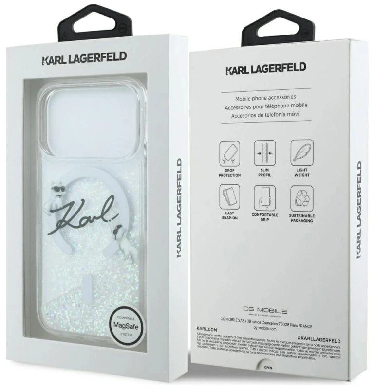 Karl Lagerfeld Skysto Blizgučio Dėklas su Karl Script Logotipu, MagSafe, iPhone 17 Pro - Skaidrus