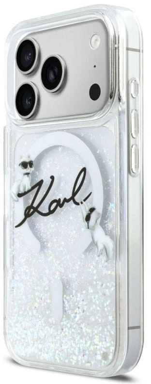 Karl Lagerfeld Skysto Blizgučio Dėklas su Karl Script Logotipu, MagSafe, iPhone 17 Pro - Skaidrus