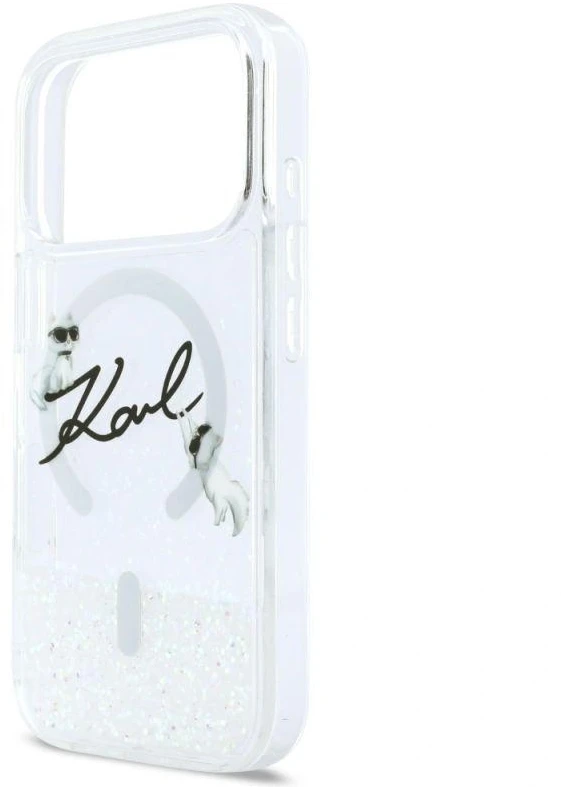 Karl Lagerfeld Skysto Blizgučio Dėklas su Karl Script Logotipu, MagSafe, iPhone 17 Pro - Skaidrus