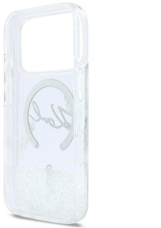 Karl Lagerfeld Skysto Blizgučio Dėklas su Karl Script Logotipu, MagSafe, iPhone 17 Pro - Skaidrus