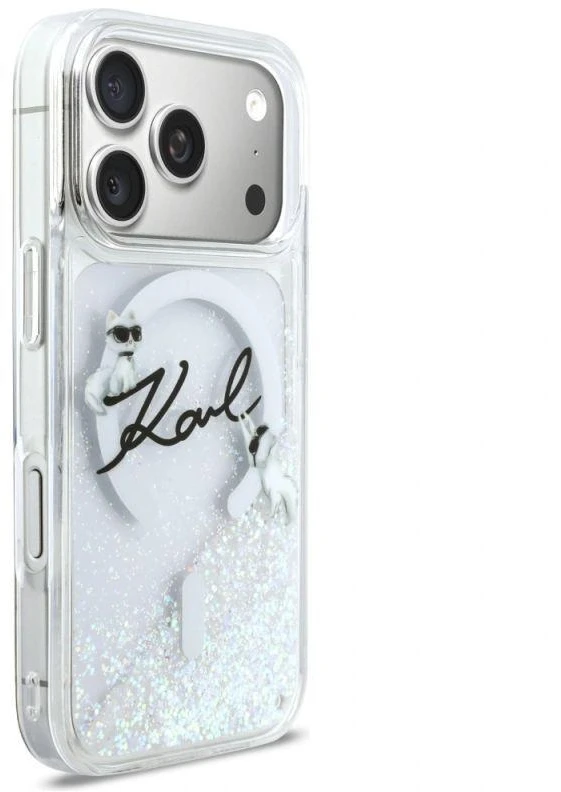 Karl Lagerfeld Skysto Blizgučio Dėklas su Karl Script Logotipu, MagSafe, iPhone 17 Pro - Skaidrus