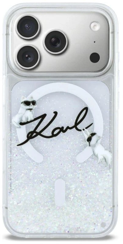 Karl Lagerfeld Skysto Blizgučio Dėklas su Karl Script Logotipu, MagSafe, iPhone 17 Pro - Skaidrus