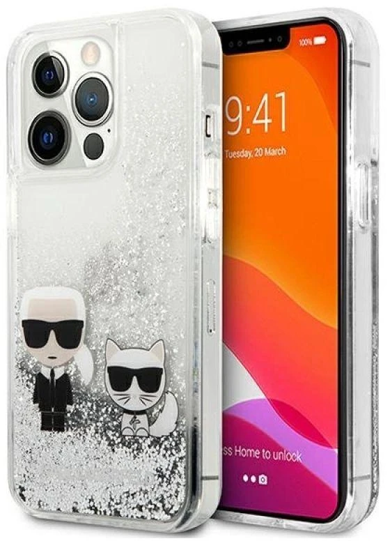 Dėklas Karl Lagerfeld iPhone 13 Pro Max 6,7'' KLHCP13XGKCS sidabrinis Liquid Glitter Karl-Choupette