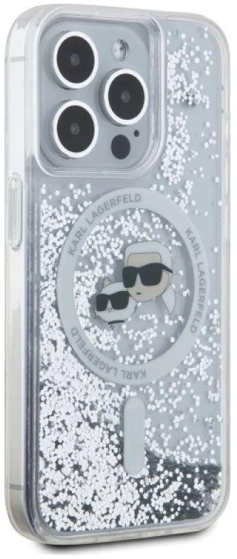 Karl Lagerfeld Liquid Glitter Karl and Choupette Heads MagSafe dėklas telefonui Apple iPhone 15 Pro Max skaidrus