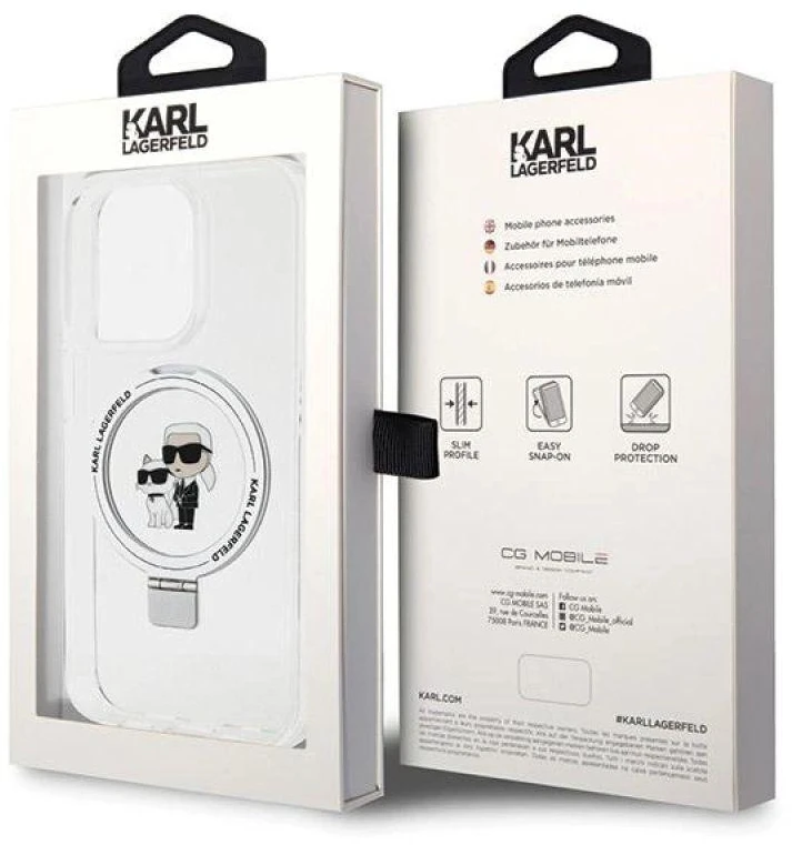 Karl Lagerfeld KLHMP13XHMRSKCH Apple iPhone 13 Pro Max 6.7″ baltos spalvos kietas dėklas Ring Stand Karl&Choupettte