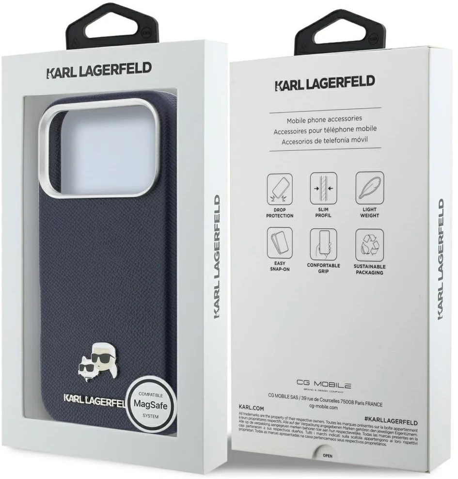 Karl Lagerfeld dėklas, skirtas IPHONE 17 Pro Max, suderinamas su MagSafe KLHMP17X6PFKCLB (PU FW W/ K&C Head Pin) mėlynas