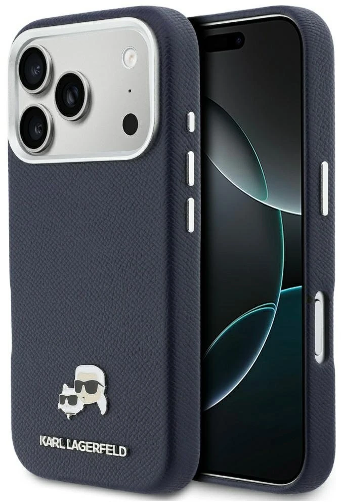 Karl Lagerfeld dėklas, skirtas IPHONE 17 Pro Max, suderinamas su MagSafe KLHMP17X6PFKCLB (PU FW W/ K&C Head Pin) mėlynas