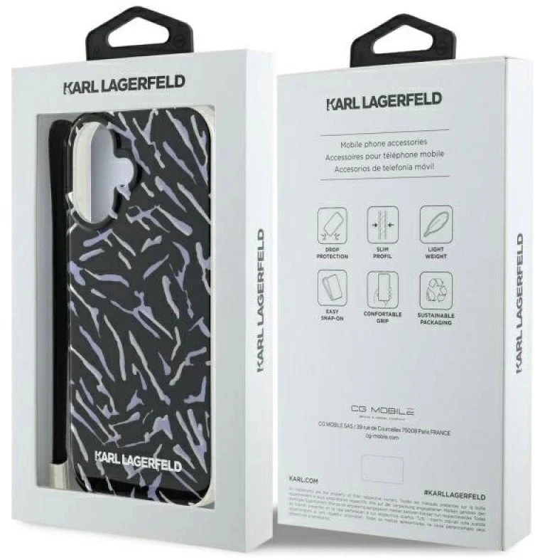 Dėklas Karl Lagerfeld KLHCP16SHZBPKCCU Apple iPhone 16 6.1″ violetinės spalvos Zebra With Cord