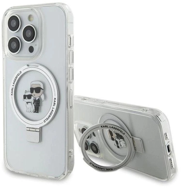 Karl Lagerfeld KLHMP13LHMRSKCH Apple iPhone 13 Pro / 13 6.1″ baltos spalvos kietas dėklas Ring Stand Karl&Choupettt